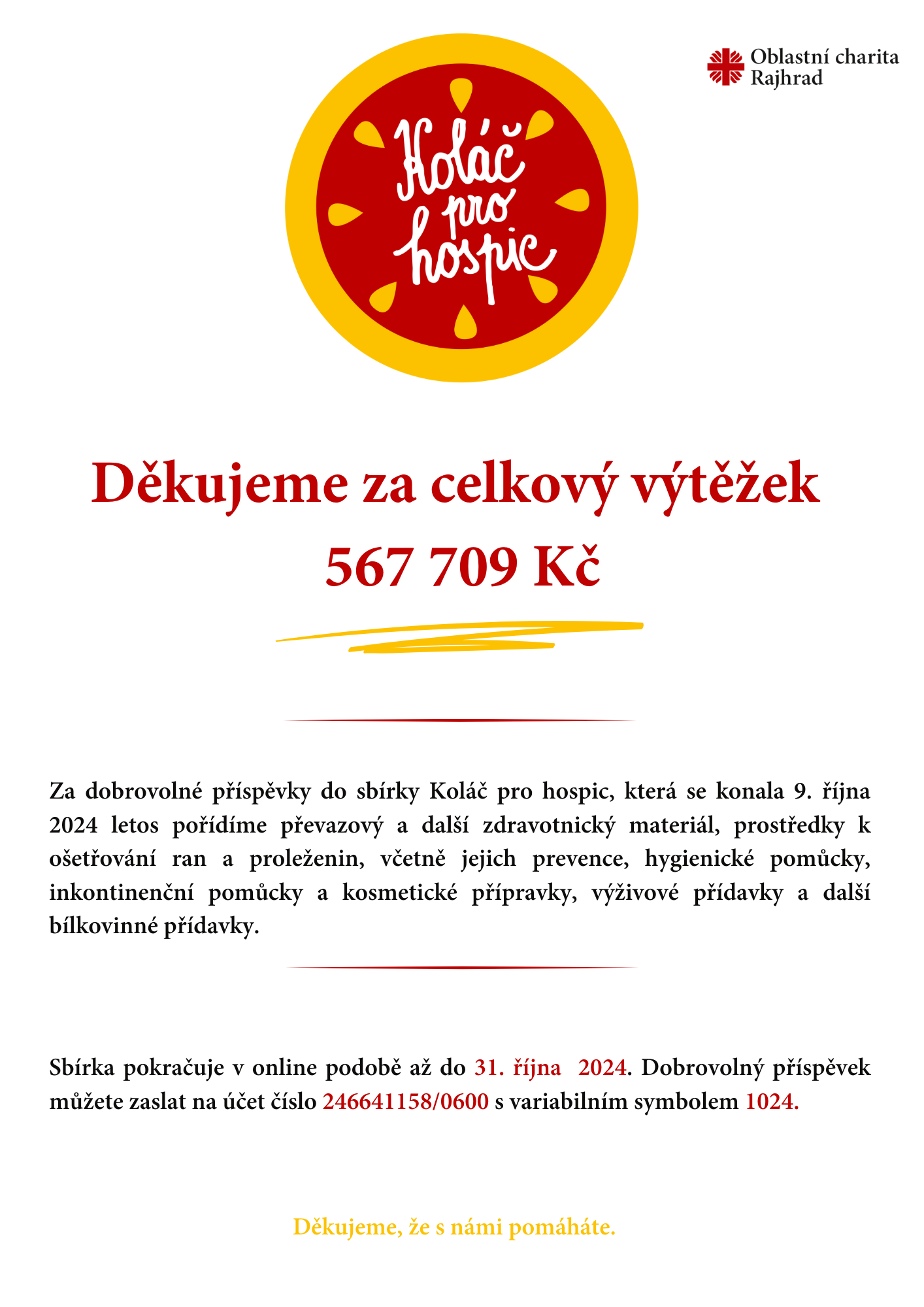 Sbírka Koláč pro hospic - poděkování